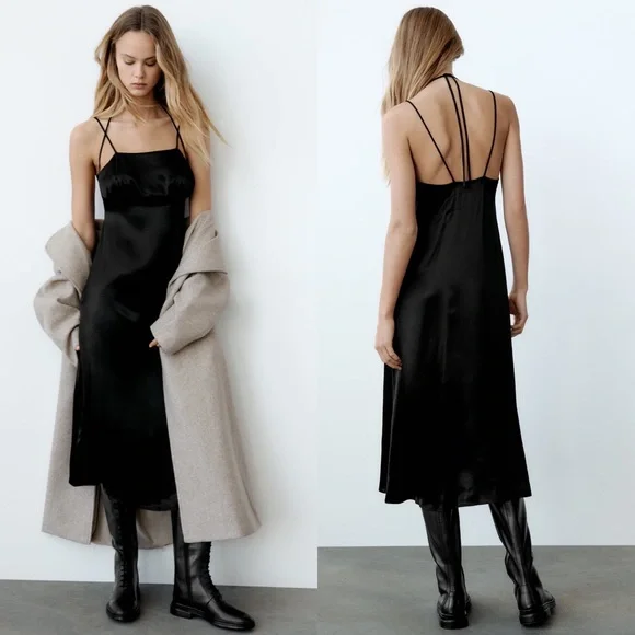 black dress straight spaghetti strap dress